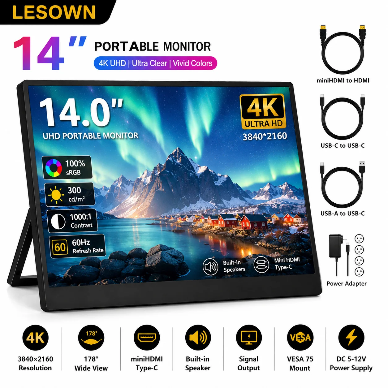 LESOWN 14" Travel Monitor 3840*2160 Portable Screen Plug & Play Second Display with Speakers for Mini PC
