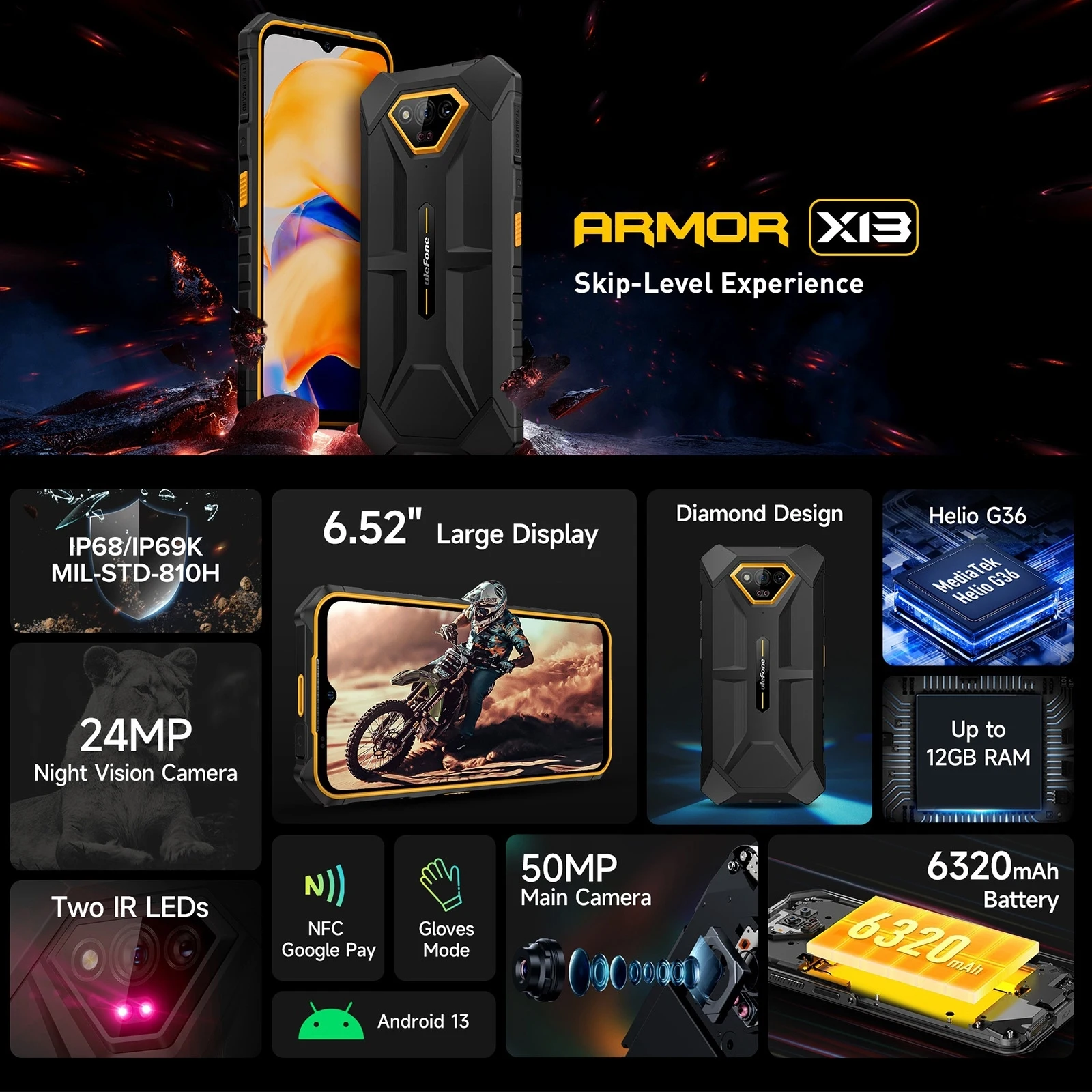 Ulefone Armor X13 Rugged Phone 6GB+64GB IP68/IP69K 6.52 inch Android 13 Helio G36 Octa Core 4G NFC OTG Smartphone Global Version