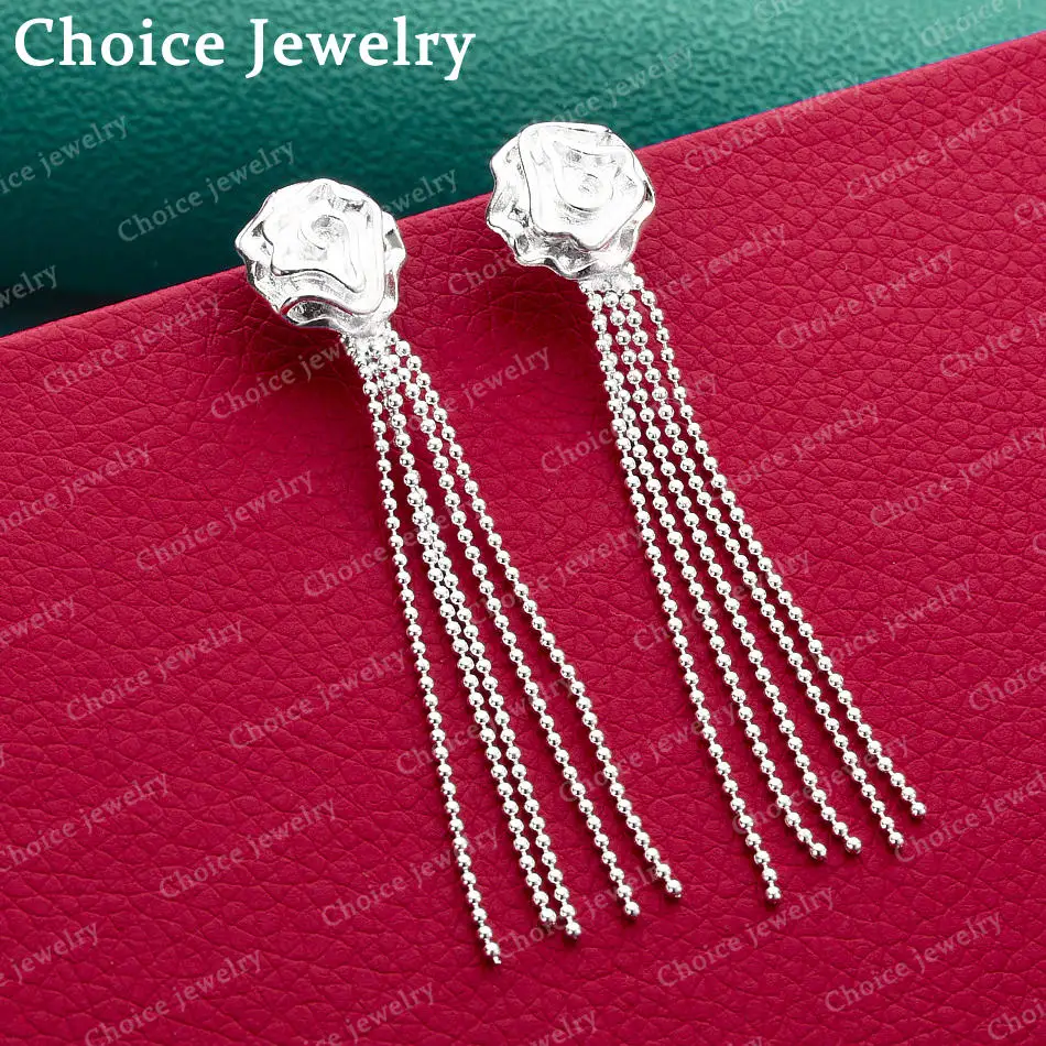 925 Sterling Silver Rose Tassel Drop Earrings For Woman Wedding Engagement Party Fashion Charms Jewelry Free Shipping