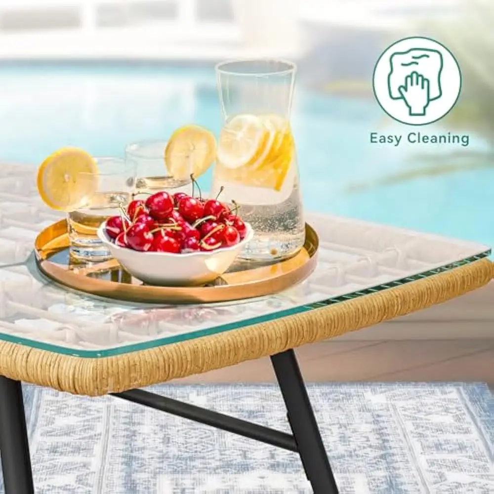 4 Piece Patio Furniture Set, Outdoor Wicker Furniture Set with Removable Cushion, Rattan Patio Loveseat Set, Glass Side Table