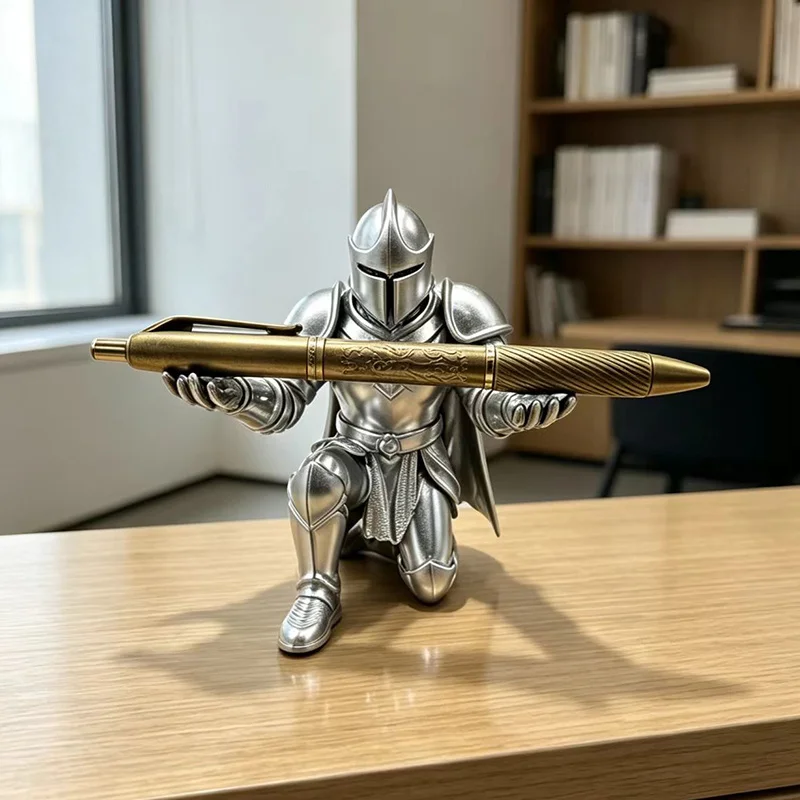 Medieval Knight Roman Warrior Pen Holder Tabletop Armored Sculpture Ornament Kneeling Knight Pen Holding Statue Historical Decor