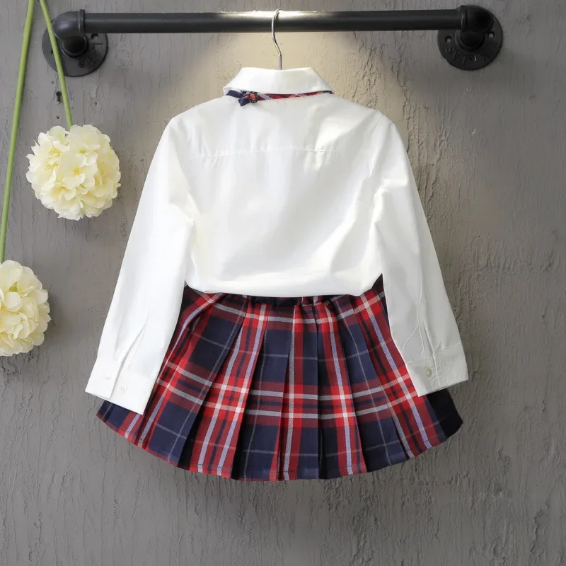 Summer Outfit Baby Girl Clothes Korean Cute Bow White Long Sleeve Tops+Plaid Skirt Children's Sets Boutique Kid Clothing BC112