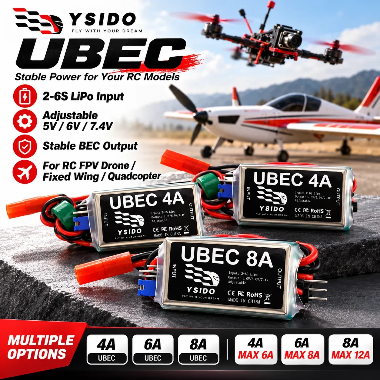 RC Model Parts UBEC 4A 6A 8A BEC Voltage Stabilizer Output 5V 6V 7.4V 2-6S Lipo for RC FPV Drone Fix-Wing Airplane Quadcopter