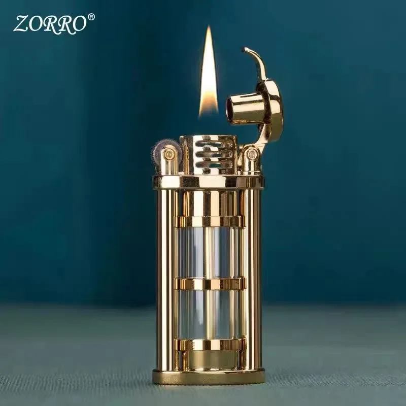 Zorro2024 Creative Retro Grinding Wheel Flint Metal Lighter Windproof and Waterproof Kerosene Lighter with Transparent Fuel Tank