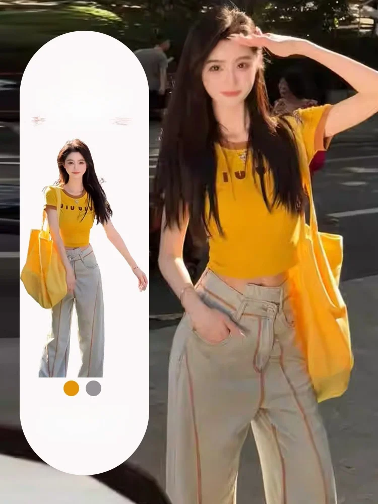 

Summer American Style Short Sleeve T-Shirt And High Waist Jeans Two-Piece Set Casual Fashion plus Size Women's Clothing