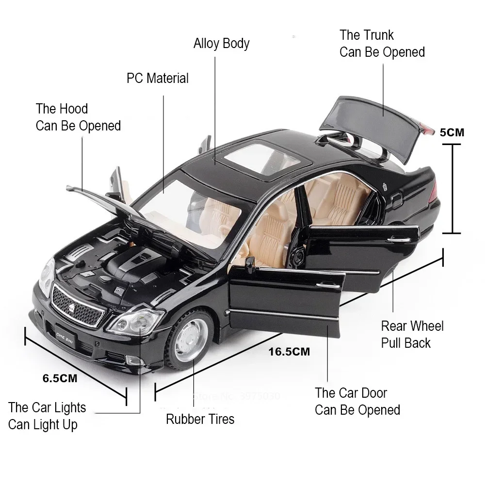 1:32 Scale Toyota Crown Toy Car Miniature Model Alloy Diecast Pull Back Sound Light Doors Opened Vehicles for Kids Birthday Gift