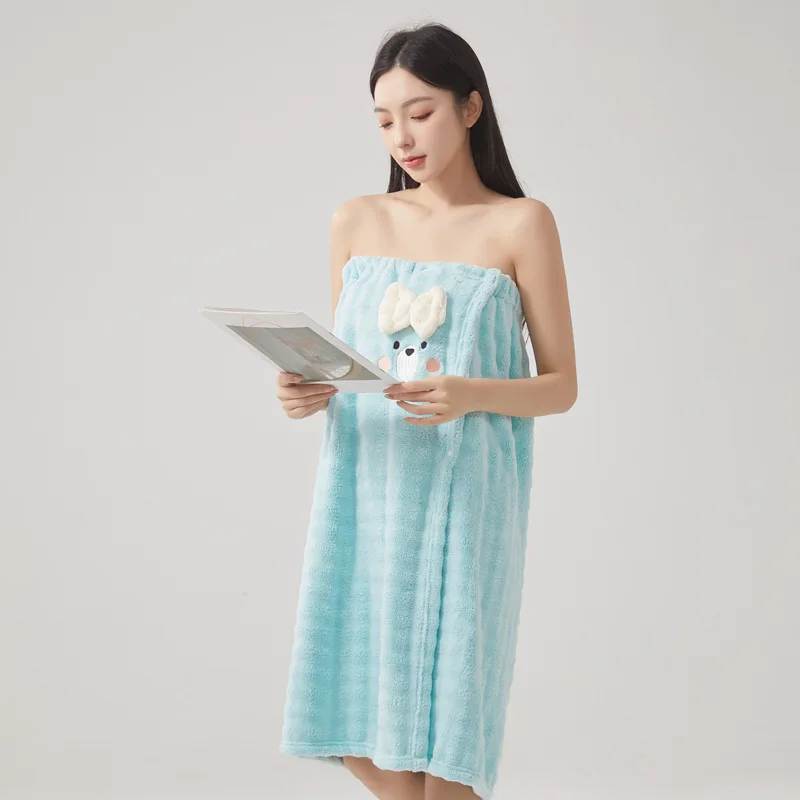 Wearable & Wrap-Around Bath Towel / Bath Skirt with Hair-Drying Cap Featuring Cartoon Character Motifs – Highly Absorbent Coral