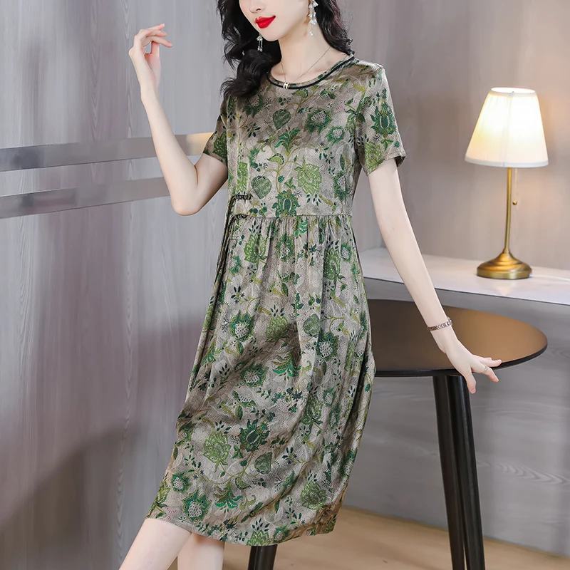 

2023 New Elegant Silk Printed Mulberry Silk Dress For Women Summer Fashion Fragmented Flowers Loose Fit Casual Vestidos