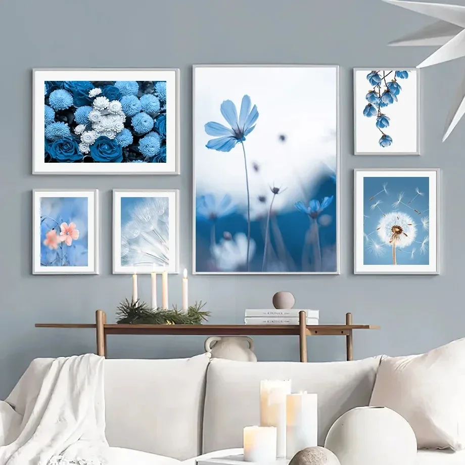 Blue White Dandelion Peony Orchid Picture Silk Painting Wall Art Flower Poster and Print Modern Home Decor Dormitory Design