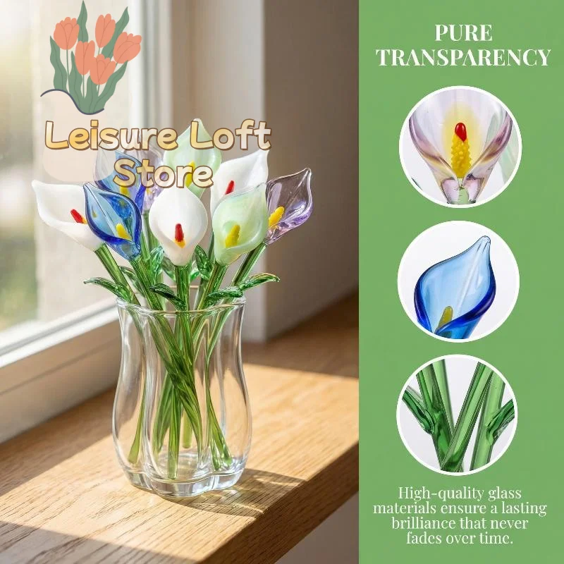 Lirio de Cala de Vidrio Soplado a Mano con Tallo – Mini Figura de Flor de Vidrio Colorida, Decoración Artística para el Hogar y Adorno Floral