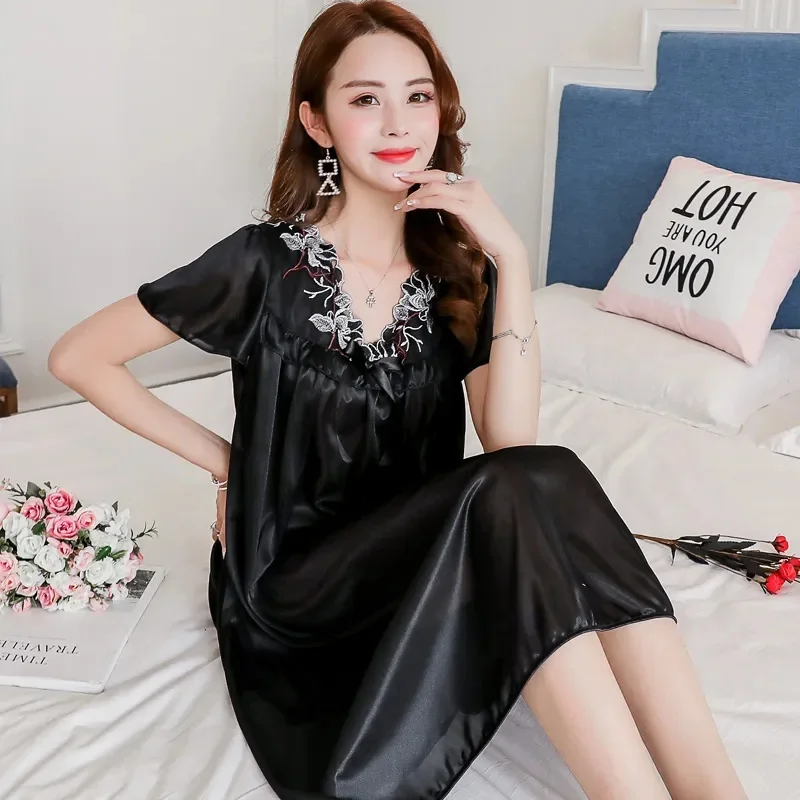 Women Ice Silk Sleepwear Set Nightdress Homewear Nightwear Pyjamas Female Lace Sleepwear V-neck Nightgown Loungewear Pajama