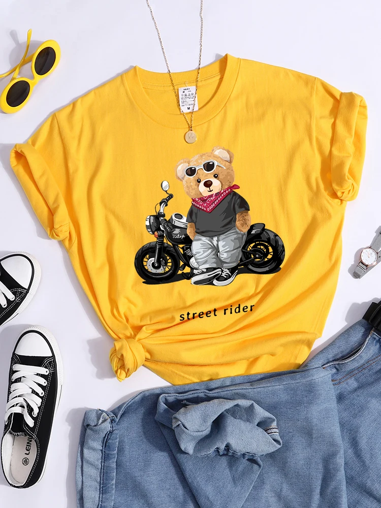 Motorcycle Enthusiast Street Rider Print Tee Top Vintage Creativity Tshirt Round Neck Hipster Tee Shirt Loose Soft Women Clothes