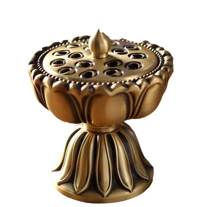 Vintage Brass Lotus Incense Burner Metal Buddhism Buddha Holder Hollow Out Copper Three Legged Sandalwood Censer Home Decoration