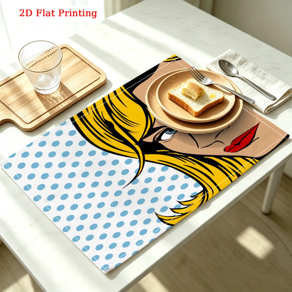 Pop Art Blue Yellow Polka Dot Girl Face 2D Flat Print Placemat Kitchen Dining Home Decor 30x40cm