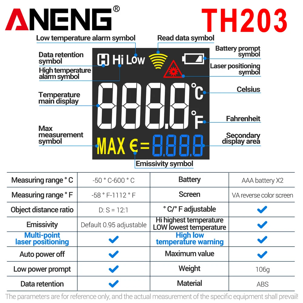 ANENG TH203 Smart Industrial Infrared Thermometer -50~600℃ Temperature Gun VA Reverse Color Screen Tester Meter Pyrometer Tools