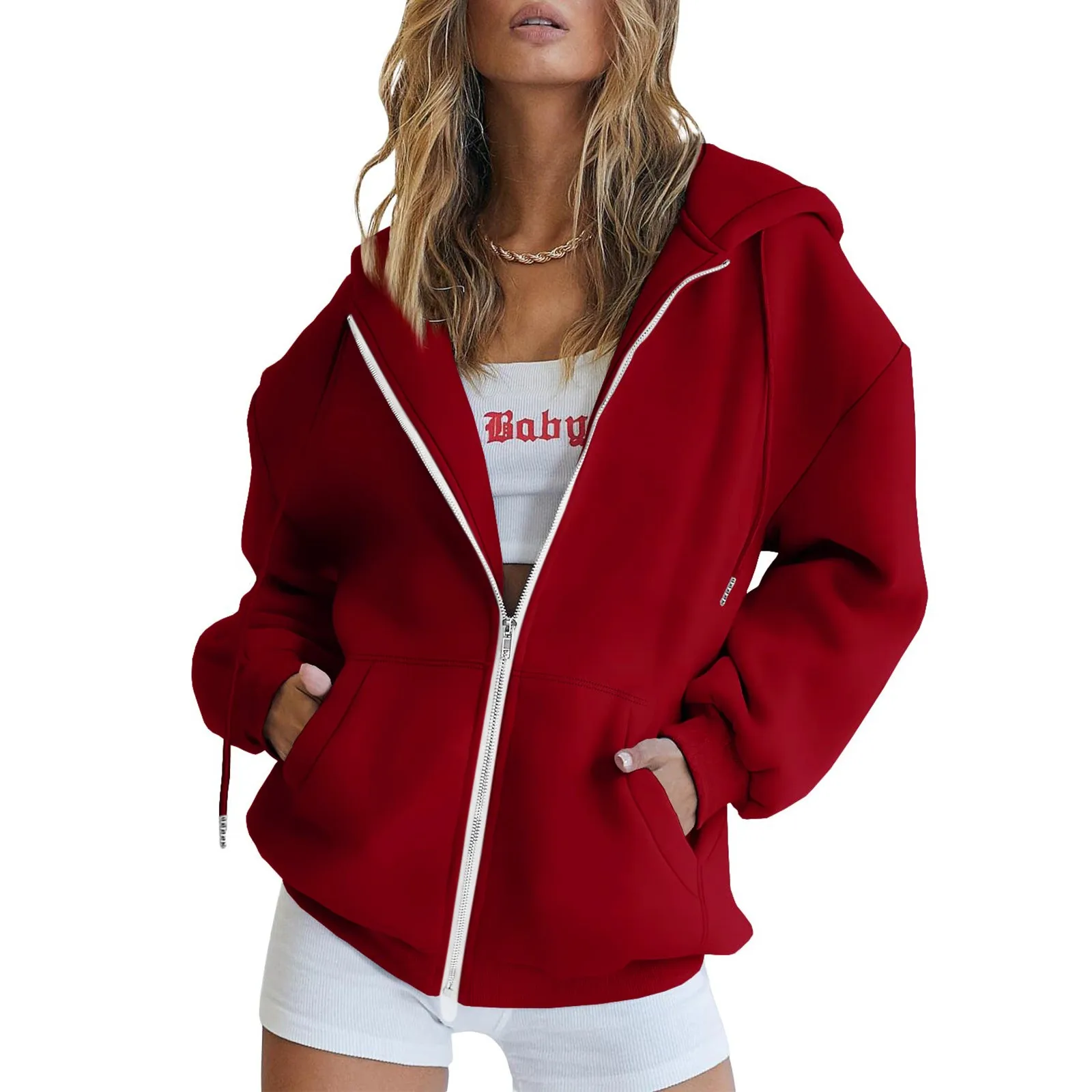 Women\'s Fashion Sweatshirts Vintage Korean Fashion Solid Color Long Sleeve Loose Pullovers Soft Warm Zip Up Hoodies For Women