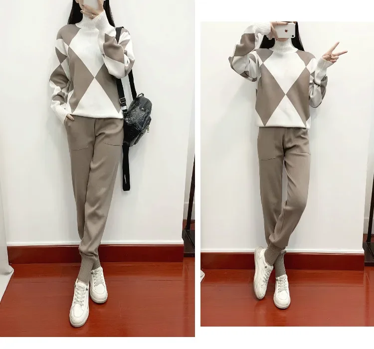 Korean Casual Knit 2-piece Pant Sets Women Set Mock Neck diamond checkered long sleeve Pullover+Harlan pant Suit pockets Lace up