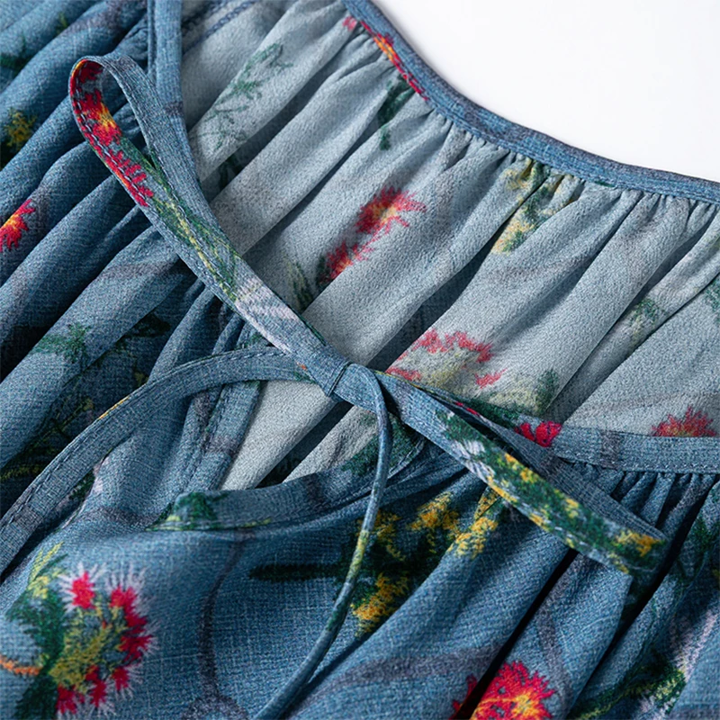 เดรสผ้าไหมมัลเบอร์รี่แท้ 100% สำหรับผู้หญิง สไตล์โบฮีเมียน ลายดอกไม้ พร้อมเข็มขัดรัดเอว คอทรงกลม แขนพอง ทรงยาว รุ่น M1410 สำหรับฤดูร้อน