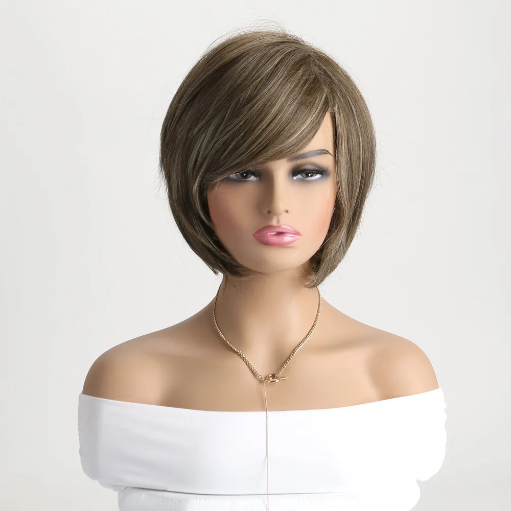 Short Mixed Blonde Synthetic Wig For Women Straight Fluffy Hair With Side Bangs Heat Resistan Fiber Cosplay Wigs