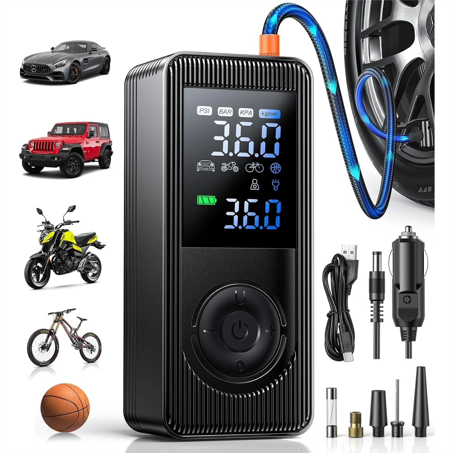 

Tire Inflator Portable Air Compressor 150 PSI 4X Fast Inflation Rechargeable Battery & 12V DC Adapter Air Pump for Car Tires