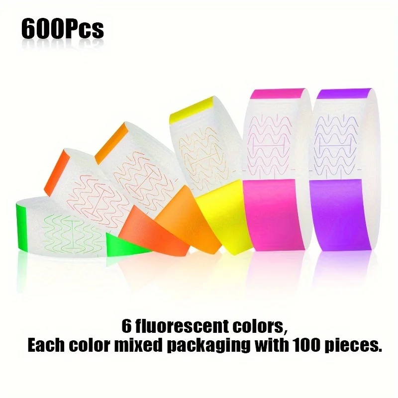 600pcs Assorted, Disposable Event Wristband - Waterproof, Tear-Resistant, Strong Adhesive - Ultraviolet Fluorescent Color