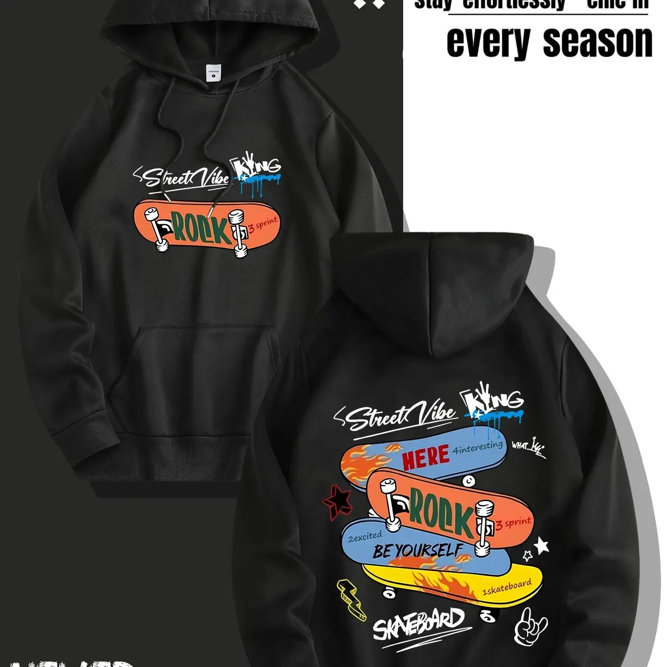 Men's Winter/spring Skateboarding Graffiti Hooded Sweatshirt Features A Large, Stacked Skateboard Flame Lettering Print.