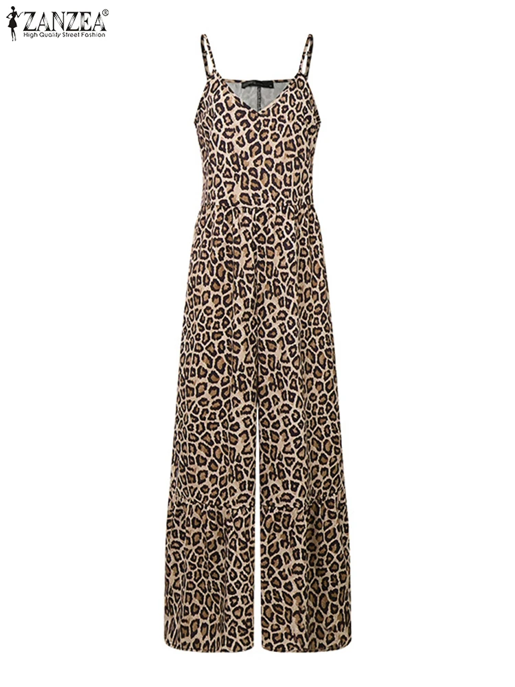 

ZANZEA Women Summer Jumpsuits Leopard Printed Romper Vintage 3/4 Sleeveless V Neck Overalls 2025 Casual Playsuits Oversize