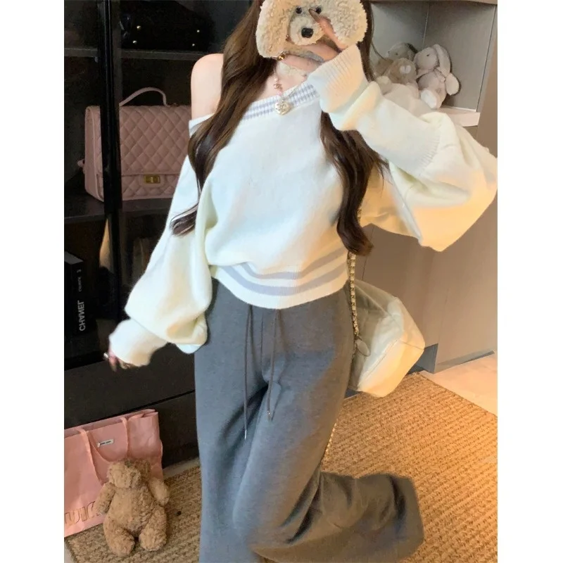 Suéter E de Manga Larga con Hombros Descubiertos para Mujer, Estilo Ajustado, Cuello Redondo, Jersey, Novedad de Otoño...