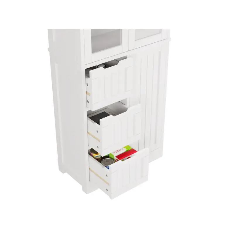 خزانة حمام متعددة الطبقات بثلاثة أبواب و3 أدراج، لمسة نهائية بيضاء، حل تخزين موفر للمساحة لأساسيات الحمام المنظمة