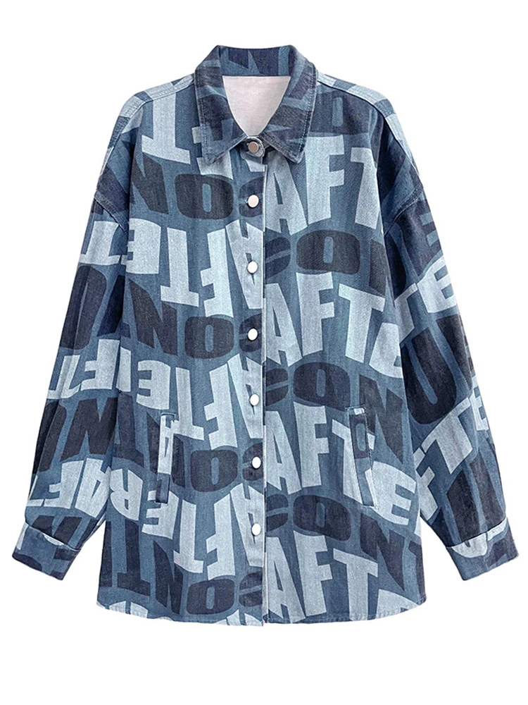 [EAM] Loose Fit Blue Letter Printed Denim Big Size Jacket New Lapel Long Sleeve Women Coat Fashion Spring Autumn 2024 1DH1046