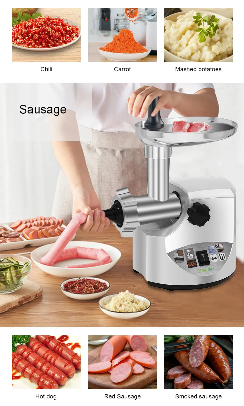 BioloMix-Moedor de Carne Elétrico, Max Food Grinder, Meat Mincer, Salsicha Stuffer, Processador de Alimentos, 2000W