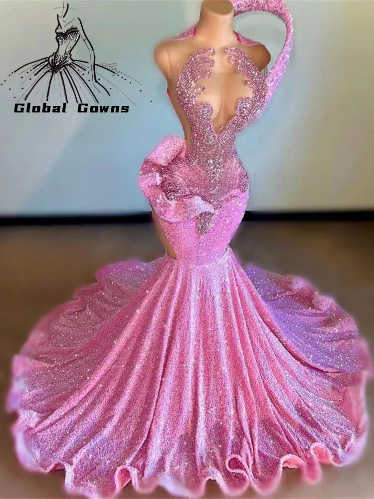 Pink Evening Gowns For Black Girls 2024 Sparkly Sequined Birthday Party Dresses Beaded Crystal Long Prom Dress Customized