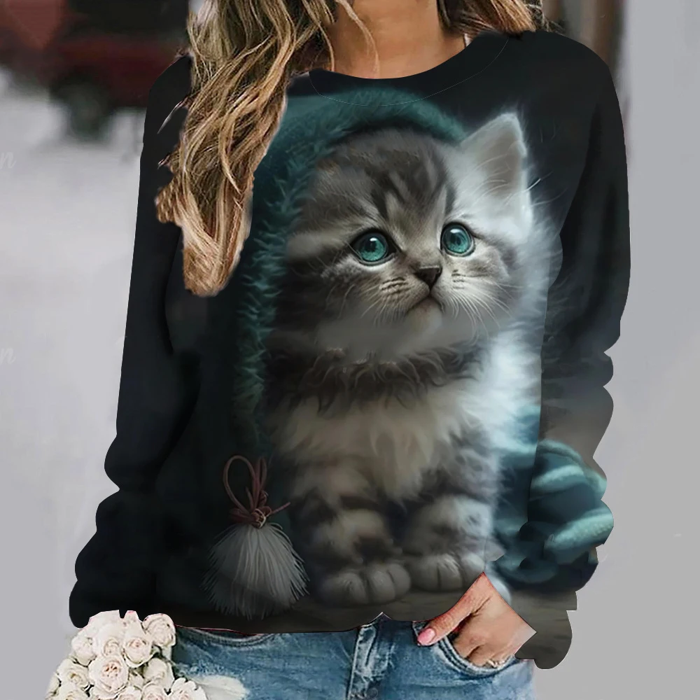 Fashion Cute Cat Sweatshirts Animal 3D Print Hoodies Women Casual Long Sleeve Y2k Hoodie Oversized Pullover Tops Female Clothing