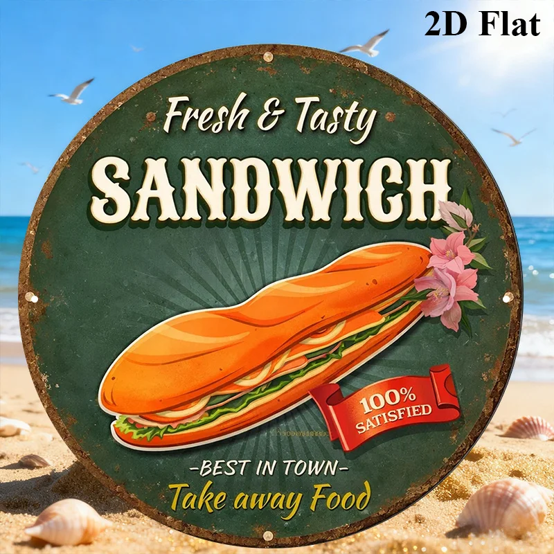 Vintage Sandwich Round Aluminum Sign 8x8in Retro Kitchen Cafe Decor