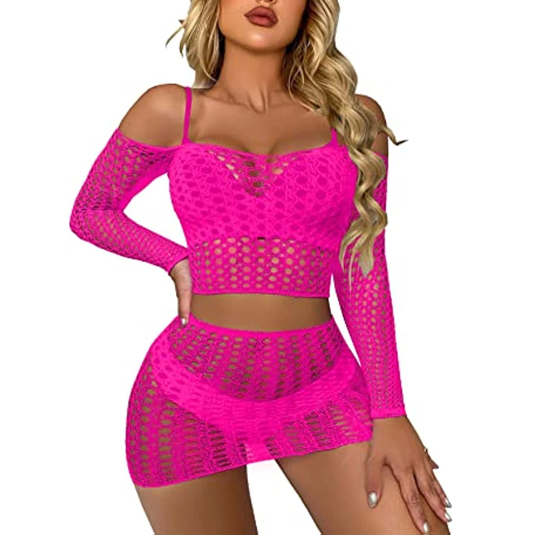 2 Piece Set Mesh Top with Dress Sexy Lenceria Long Sleeves See Through Bikini Sets Valentine\'s Day Lingerie Women Bodycon Dress