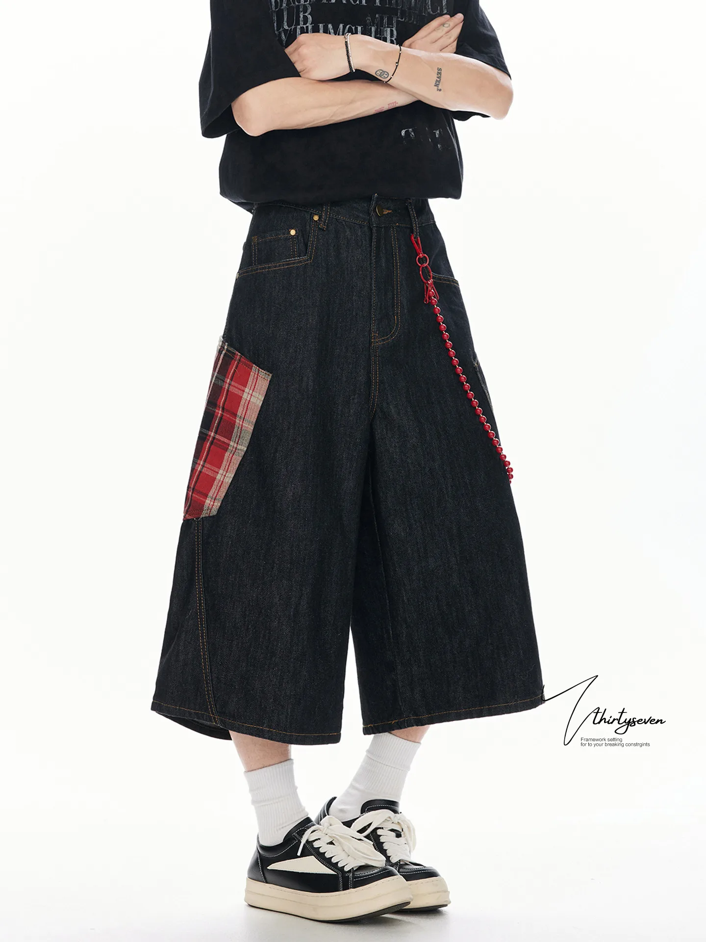 

V37 American Retro Plaid Patchwork Jeans orts Men's High Street Loose Wide Leg Seven-Quarter Workwear Trendy Cotton Polyest...