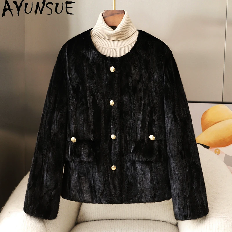 AYUNSUE Пальто из натурального норкового меха Женская одежда Роскошные пальто из натурального меха Женская новая верхняя одежда Зимняя куртка Шуба Женская женская норковая куртка