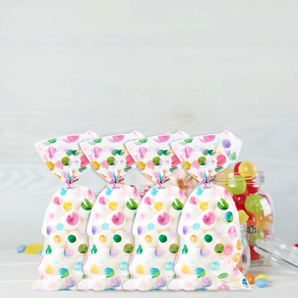50pcs Rainbow Polka Dot Printed Cellophane Treat Bags Plastic Candy Gift Bags for Baby Shower Birthday Weddings Party Favors bag