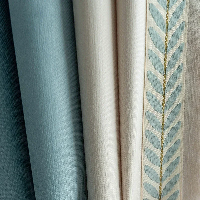 Nordic Blue Curtains for Living Dining Room Bedroom Custom Chenille Lace Stitching Thickening Blackout Door Window