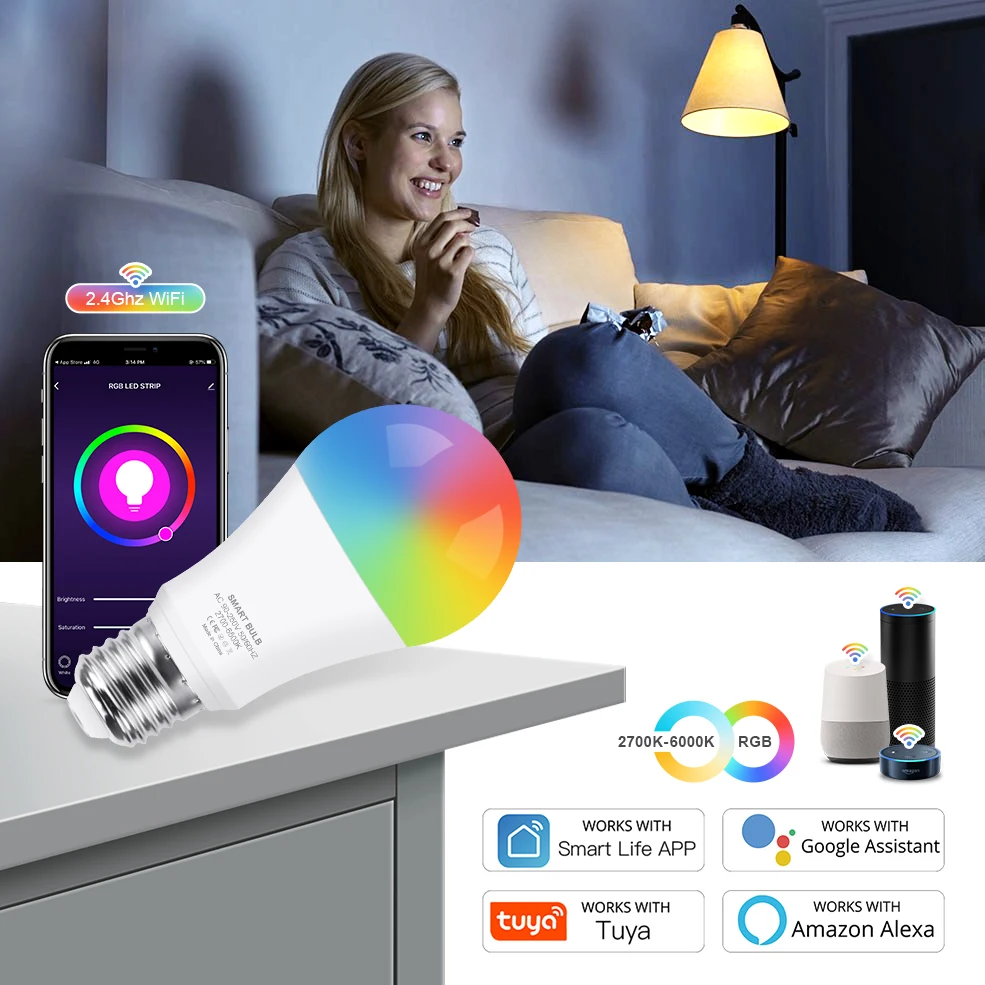 Tuya Smart Light Lamp Wifi Bulb 10W Color Changing RGB LED Bulb e27 110V 220V APP Remote Compatible Support Alexa Google Home