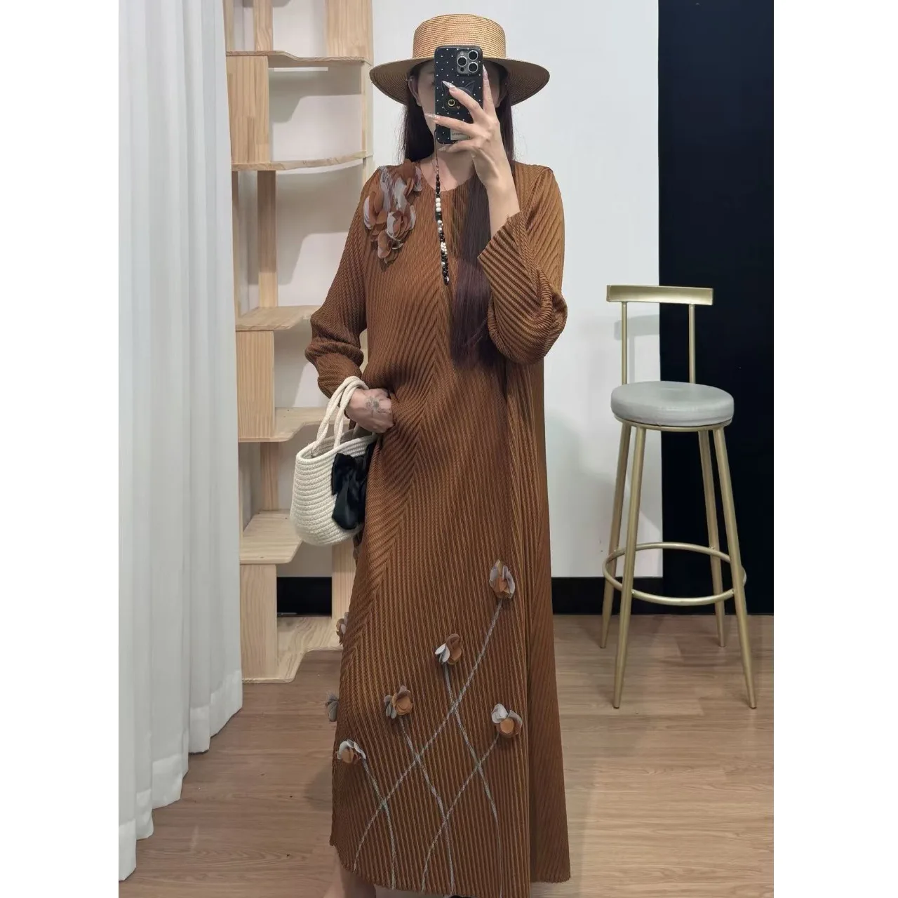 Sukienka w kwiatowy wzór, fason A-line, długa, z paskiem i plisowaną spódnicą dla kobiet, na wiosnę, lato, jesień i zimę, z włókna poliestrowego, wysoka...