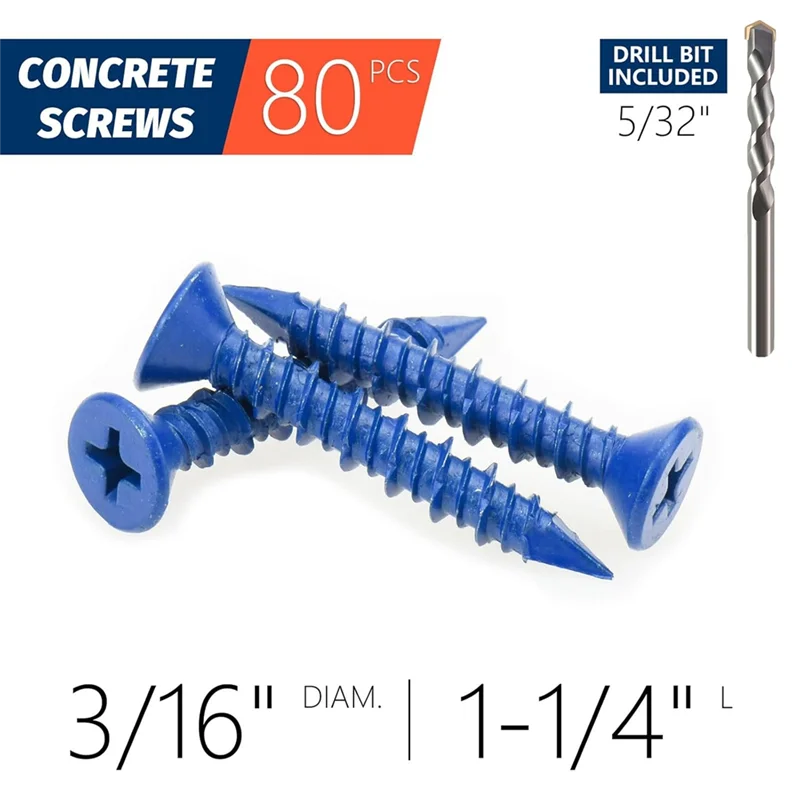 AB45 100 Uds 3/16 pulgadas X1-1/4 anclaje de tornillo de hormigón cabezas planas azules para anclaje a mampostería, bloque o ladrillo Stucco