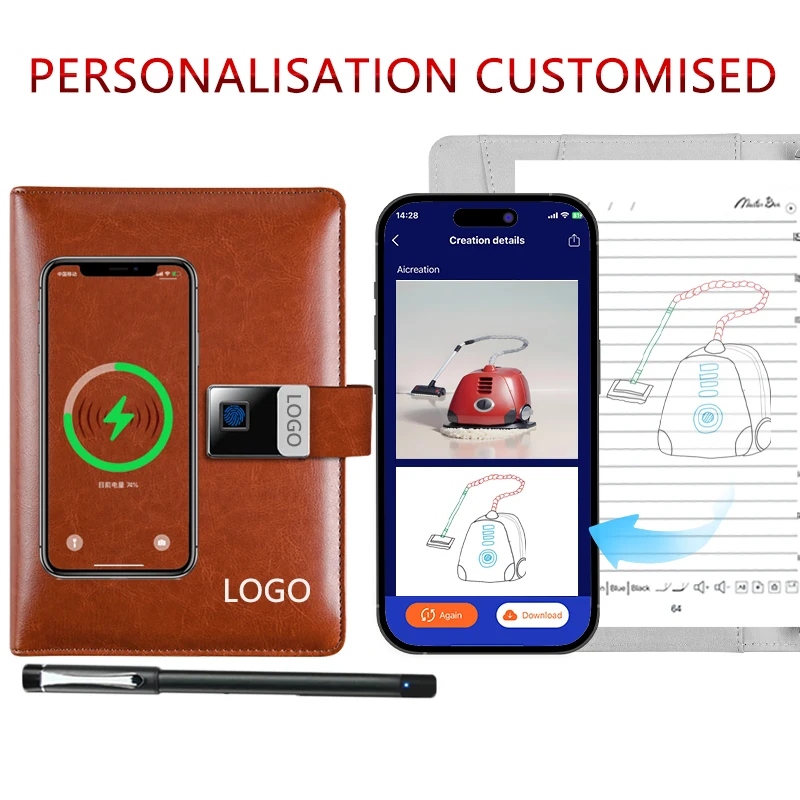 Fingerprint lock wireless charging notebook AI drawing Bluetooth recording translation mobile power smart notepad business