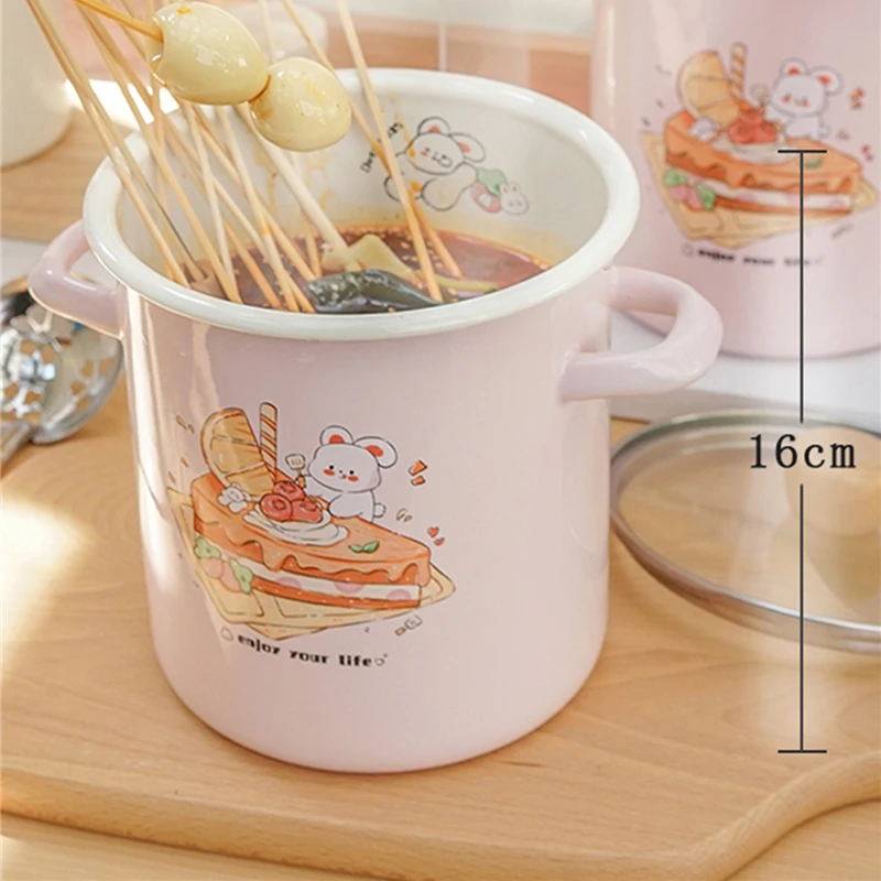 Pink Enamel Soup Pot Cute Rabbit 2.2L High Boiled Pasta Cooking Pot With Lid Stew Pot Home Kitchen Cookware Storage Bucket