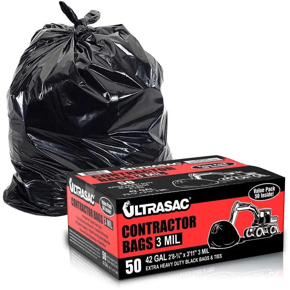 Extra Heavy Duty 42 Gallon Contractor Bags Multipurpose 3 Mil Thickness Black 50 Count Construction Debris Glass Sharp Items