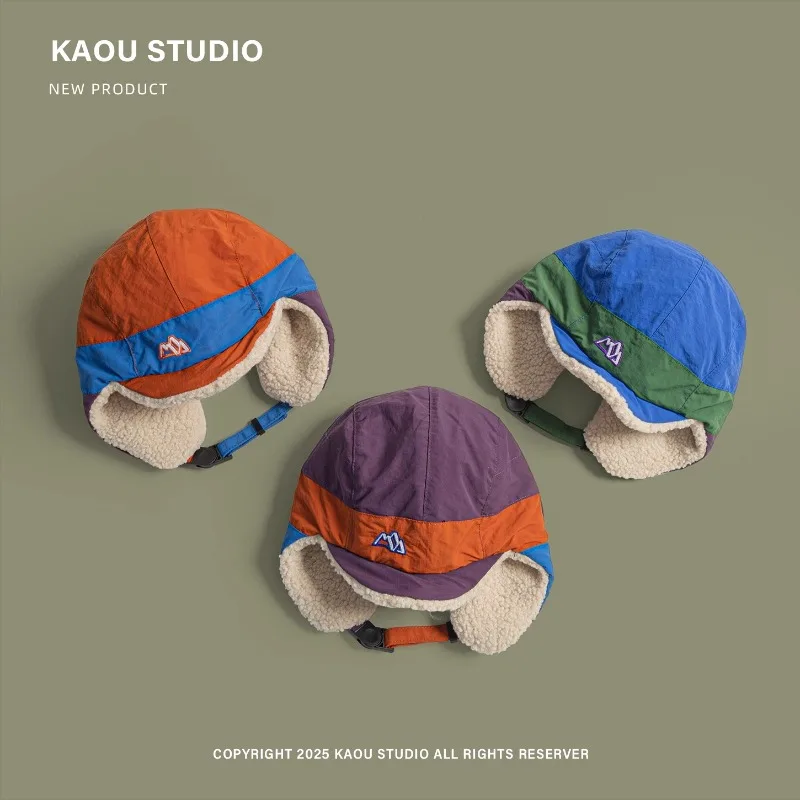 Korean Fashion Color Matching Plus Velvet Bomber Hats for Men and Women Winter Outdoors Riding Warm Versatile Retro Pilot Cap
