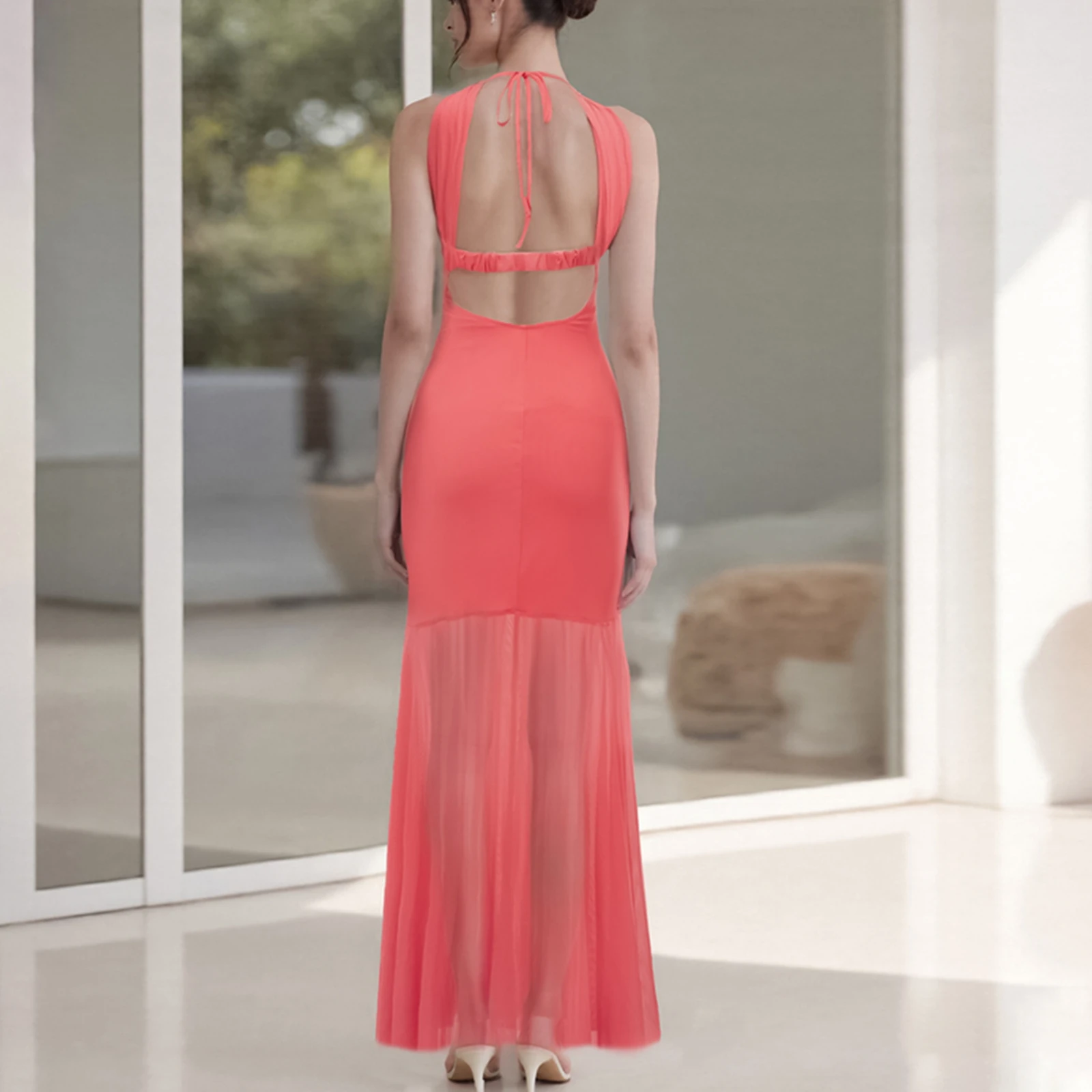 Womens Strapless Dress Sheer Hem Solid Sleeveless Tube Long Dress For Beach Vacation Summer Party Daily Wear Activity Streetwear