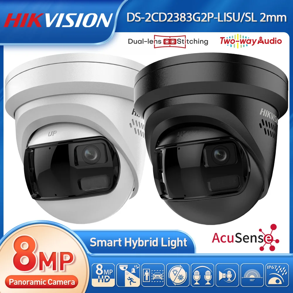 Hikvision 4K 8MP 180° Panoramic AcuSense Turret IP Security Camera Siren Strobe Light Active Deterrence 2 Way Audio