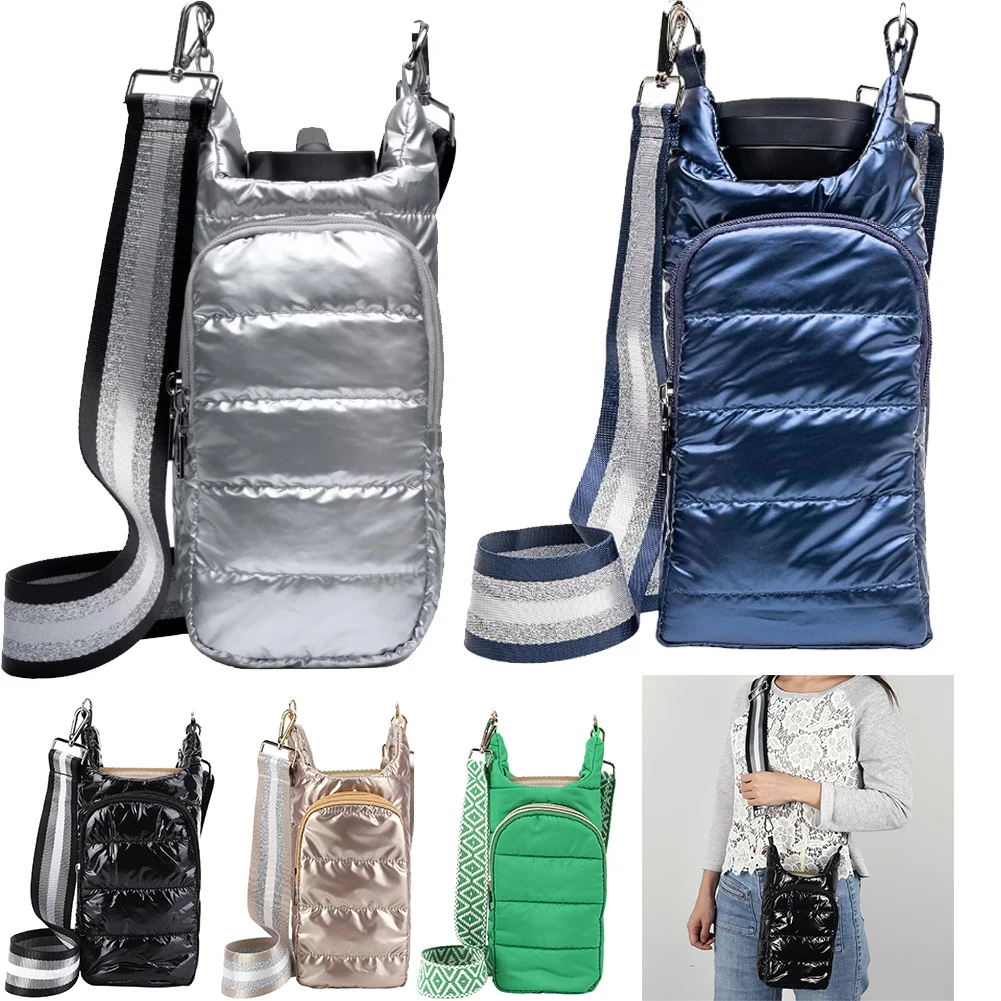 

Quilted Water Bottle Cover Bag With Shoulder Strap Down Padded Water Bottle Holder Bag Crossbody Water Bottle Carrier Pouch