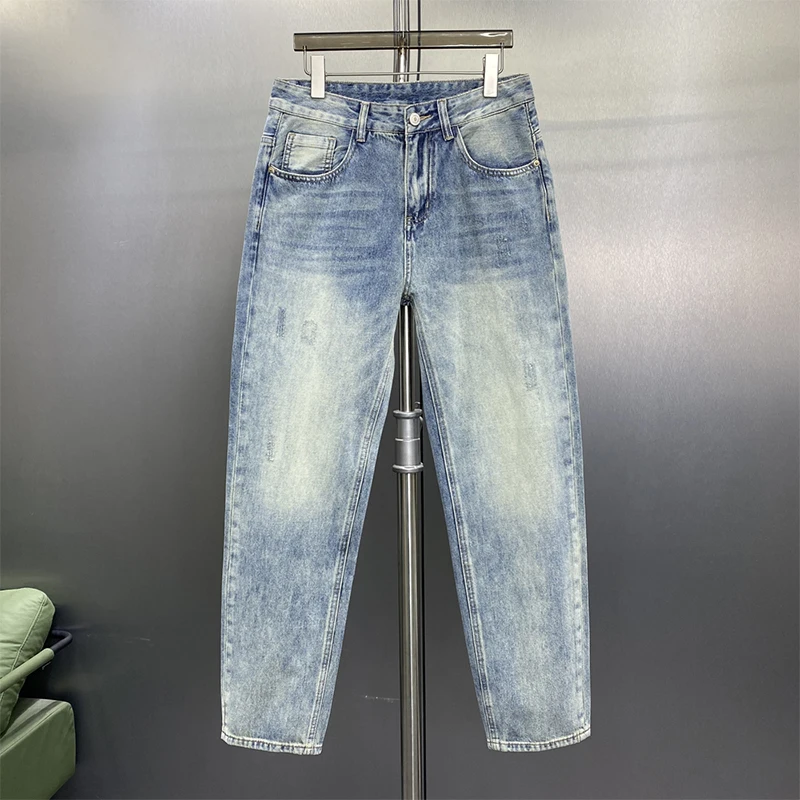 Wysokiej klasy jeansy dla mężczyzn modne lekkie luksusowe niebieskie w stylu retro elastyczne slim fit mała stopa modne letnie cienkie spodnie z nadrukiem